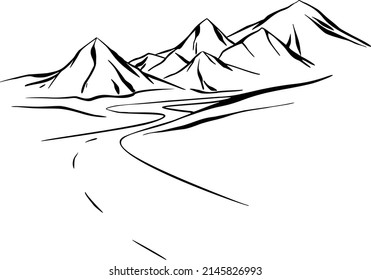 carretera, montañas, tracción a mano. Arte de ilustración de vector negro