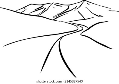 carretera, montañas, tracción a mano. Arte de ilustración de vector negro