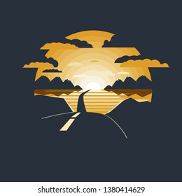 Road to the mountains, road icon, icon of the mountains, nature, road sign. Negative space.Flat design
