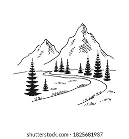 Road to mountains. Landscape black on white background. Hand drawn rocky peaks in sketch style. Vector illustration.