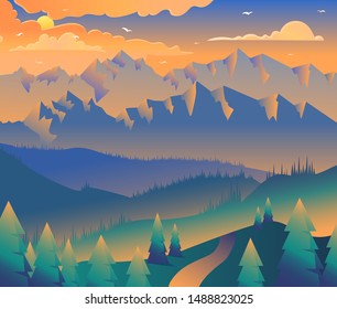 Road in mountains minimalistic vector illustration. Alpine landscape in sunset light with orange sky