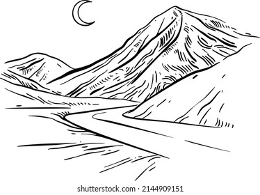 Road, mountains, moon, hand draw. Black vector illustration art