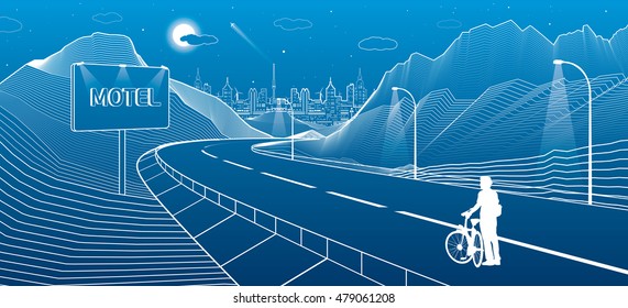 The road in the mountains, night city scene, cyclist preparing for a trip. Billboard with the word Motel. Neon town on background, white lines landscape, vector design art