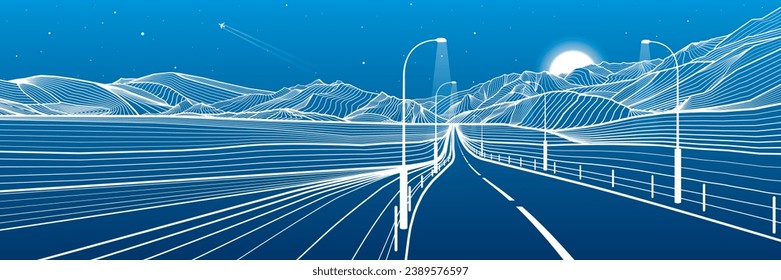 Road in the mountains. Night highway. Outline illustration on blue background. Snow hills. Moon and stars. Vector design art landscape