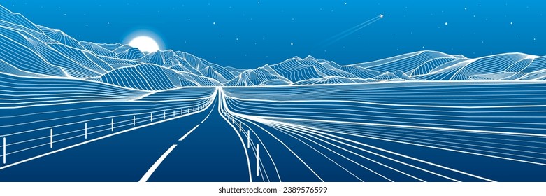 Camino en las montañas. Carretera nocturna. Ilustración de esquema sobre fondo azul. Colinas de nieve. Luna y estrellas. Entorno artístico de diseño de vectores