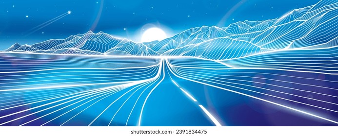 Road in the mountains. Night landscape. Outline illustration on blue background. Neon glow illumination. Amazing moonlight. Snow hills. Vector design art.