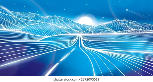 Road in the mountains. Night landscape. Outline illustration on blue background. Neon glow illumination. Amazing moonlight. Snow hills. Vector design art