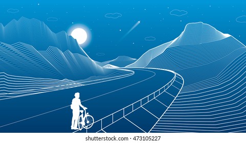 The road in the mountains, night scene, cyclist preparing for a trip, white lines landscape, vector design art