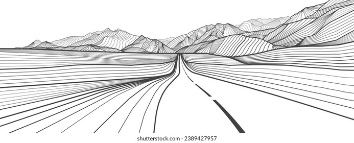 Straße in den Bergen. Umrissende schwarze Illustration auf weißem Hintergrund. Mehr Zeilen. Nachtlandschaft. Vektordesign-Kunst