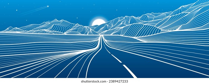 Road in the mountains. Outline illustration on blue background. Night landscape. Snow hills. Moon and stars. Vector design art