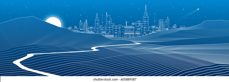 Road in the mountains, rock landscape, night city on background, white lines on blue background, vector design art