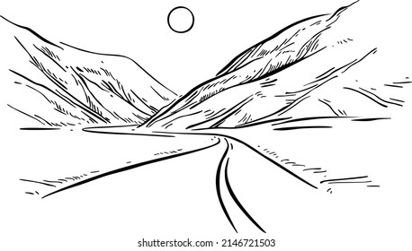 Road Mountains Sun Hand Draw Black Stock Vector (Royalty Free ...