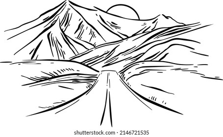 Road, mountains, sun, hand draw. Black vector illustration art