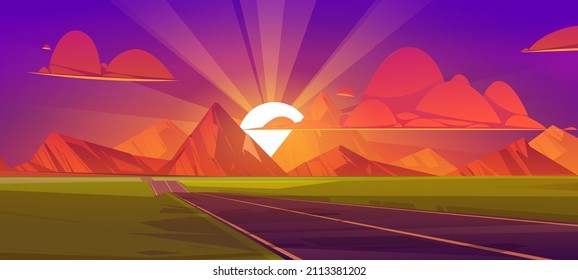Road at mountains sunset, nature landscape with sun behind the rocks, purple sky and red clouds. Empty asphalted highway going to rocks and green field perspective view, Cartoon vector illustration