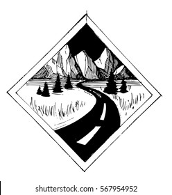 Road and mountains. Tattoo sketch. Vector print. 