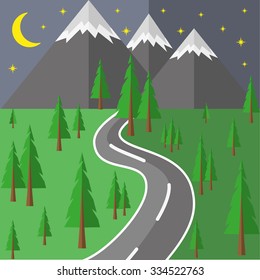 Road to the mountains through the woods. Vector illustration. Flat design style.