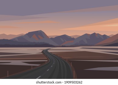 Road to the mountains, vector illustration landscape. Scenic route to national park at sunset, beautiful Nordic nature landscape in flat style. Road trip journey, sunrise outdoor tour destination