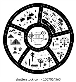 Road, Mountains and Woods Adventure Map. Kids round play carpet or poster with native americans tribal elements. Trendy black and white Scandinavian Style. Vector illustration