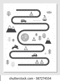 Road, Mountains and Woods Adventure Map. Scandinavian Style Art Nursery Monochrome Print