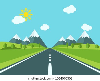 Road to mountains.Vector illustration. Country mountain landscape with hills and trees. Vector illustration flat style.