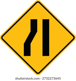 Road narrow on left road sign. Road narrow on left traffic sign. Yellow diamond of traffic signs, road signs. Collection traffic sign and symbols. Guide character sign vector illustration, collection for graphic and web design.