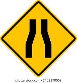 Road narrowing sign. Yellow diamond shaped warning road sign. Diamond road sign. Rhombus road sign. Street narrowing.