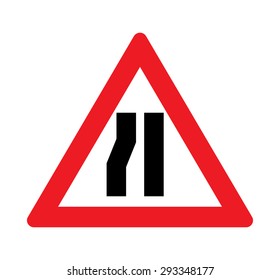 Road narrows left side warning of traffic signs.