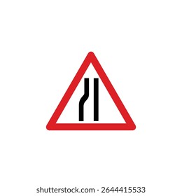 Road narrows on left ahead triangle road sign isolated on white background. Reflective traffic sign symbol modern, simple, vector, icon for website design, mobile app, ui. Vector Illustration