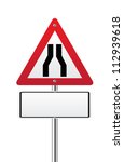 Road narrows traffic sign on white