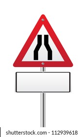 Road narrows traffic sign on white