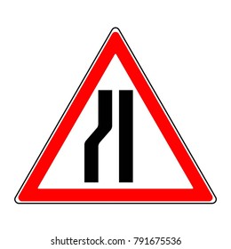 Road narrows. Warning signs on the road.