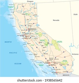 road and national park vector map of the US state of California 