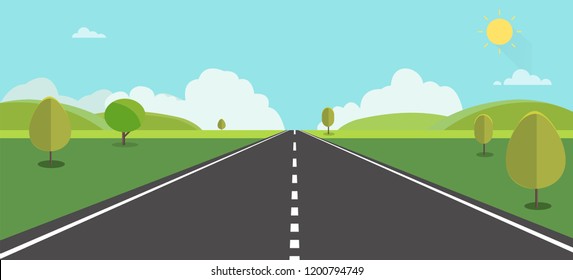 Road to nature backgroud vector illustration.Street with field , hills , clouds , trees and sun.Beautiful nature landscape. - Shutterstock ID 1200794749