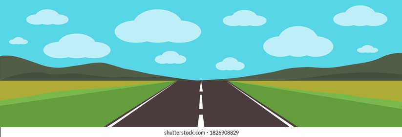 Road to nature background vector illustration. Street with field, hills and cloud. Empty highway in the countryside. Asphalt highway with markings. Beautiful nature landscape.