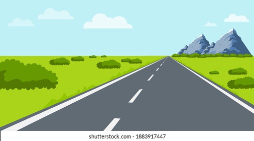 The road to nature. The road leads to natural landscapes with mountains, hills and green grass. Vector illustration. Vector.