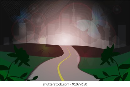 road from nature to modern city on background