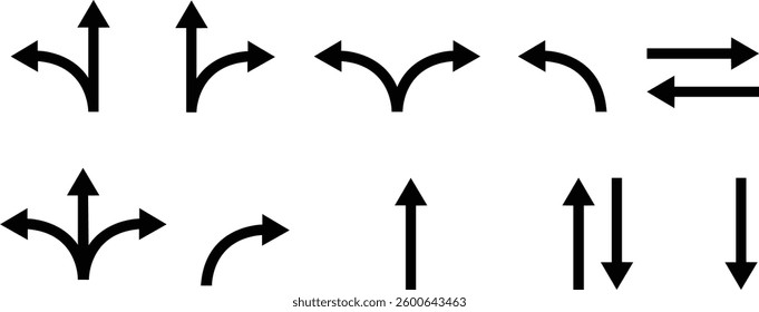 Road navigation arrows. Driving direction mark, location point crossroad circle turning route black pictograms set of arrow icons