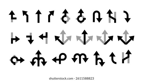 Road navigation arrows. Driving direction sign. Directional road mark, pathways, highway junctions, GPS navigation cursor icons. Wayfinding. Vector transport symbols.