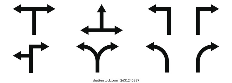 Road navigation arrows. Driving direction mark, location point crossroad circle turning route black pictograms. Vector isolated collection of arrow direction illustration. Eps 10.