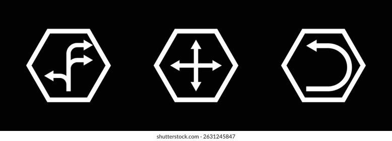Road navigation arrows. Driving direction mark, location point crossroad circle turning route black pictograms. Vector isolated collection of arrow direction illustration. Eps 10.