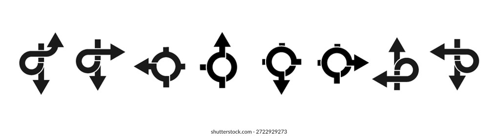 Setas de navegação de estrada definidas. Setas de navegação com ícones redondos de localização para mapas de estradas, direção do tráfego, planeamento do percurso e orientação da curva
