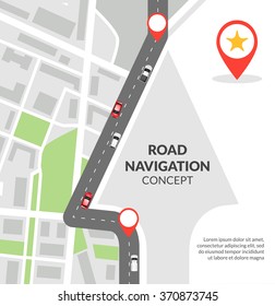 Road navigation concept with city map with pins and road with cars flat vector illustration