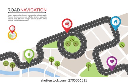 Road Navigation Map Illustration with Curved Route and Colorful Location Pins