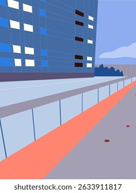 road near high  building, flat illustration,perspective