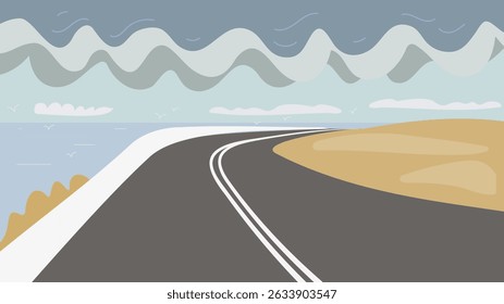 road near the sea with clouds and seagulls flat illustration