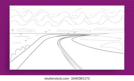 road near the sea with clouds and seagulls coloring page