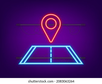 Road neon pin. Travel icon. Location pin sign. Vector stock illustration.