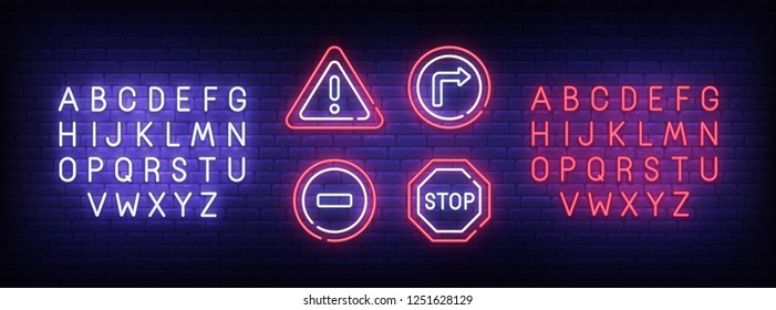 Road neon sign, bright signboard, light banner. Warning sing. Neon sign creator. Neon text edit. Design template. Vector illustration