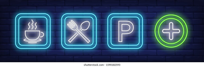 Road neon signs set. Cafe, coffee shop, parking, pharmacy. Vector illustration in neon style, bright banner for topics like transport, guidance, road, city traffic