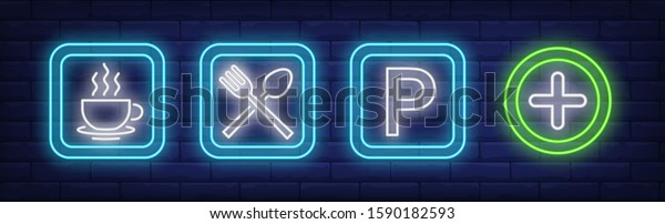 Road neon signs\
set. Cafe, coffee shop, parking, pharmacy. Vector illustration in\
neon style, bright banner for topics like transport, guidance,\
road, city traffic